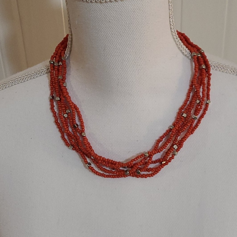 Red Seed Bead & Silver Bit Necklace 4/$35